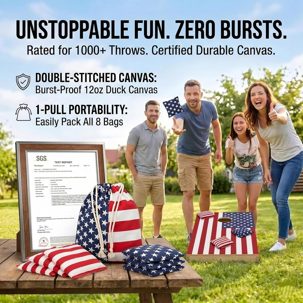 Regulation Cornhole Bean Bags: Set of 8 (6"X6"/16Oz) Double Stitched 12Oz Canvas - Resin Filled & Burst-Resistant 1000+ Tosses - Portable Tote for Family Backyard Games