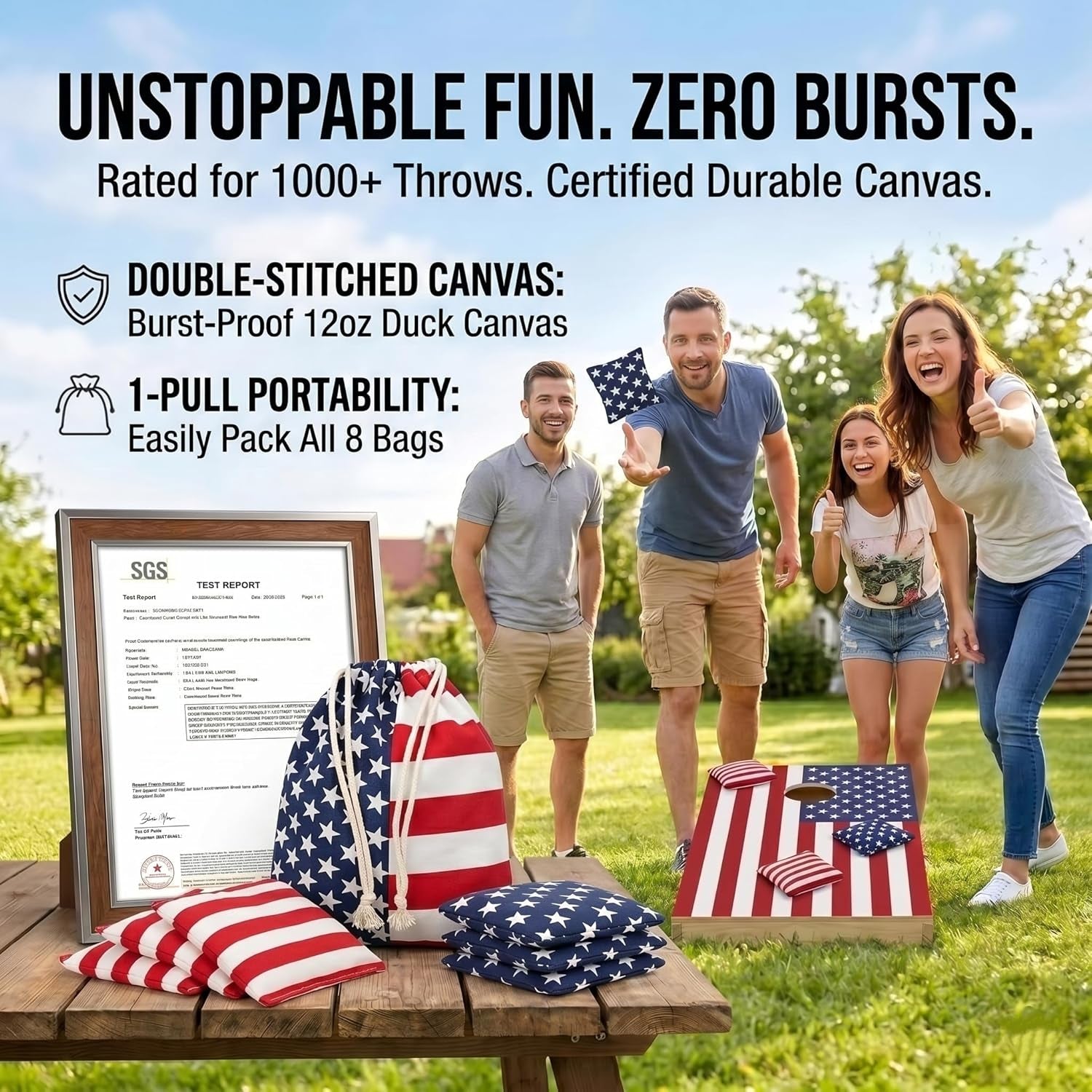 Regulation Cornhole Bean Bags: Set of 8 (6"X6"/16Oz) Double Stitched 12Oz Canvas - Resin Filled & Burst-Resistant 1000+ Tosses - Portable Tote for Family Backyard Games
