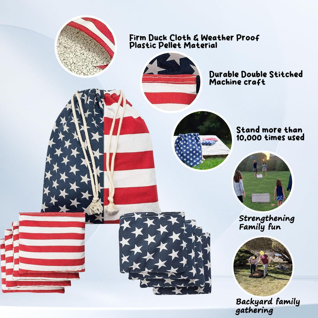 Regulation Cornhole Bean Bags: Set of 8 (6"X6"/16Oz) Double Stitched 12Oz Canvas - Resin Filled & Burst-Resistant 1000+ Tosses - Portable Tote for Family Backyard Games
