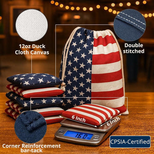 Regulation Cornhole Bean Bags: Set of 8 (6"X6"/16Oz) Double Stitched 12Oz Canvas - Resin Filled & Burst-Resistant 1000+ Tosses - Portable Tote for Family Backyard Games