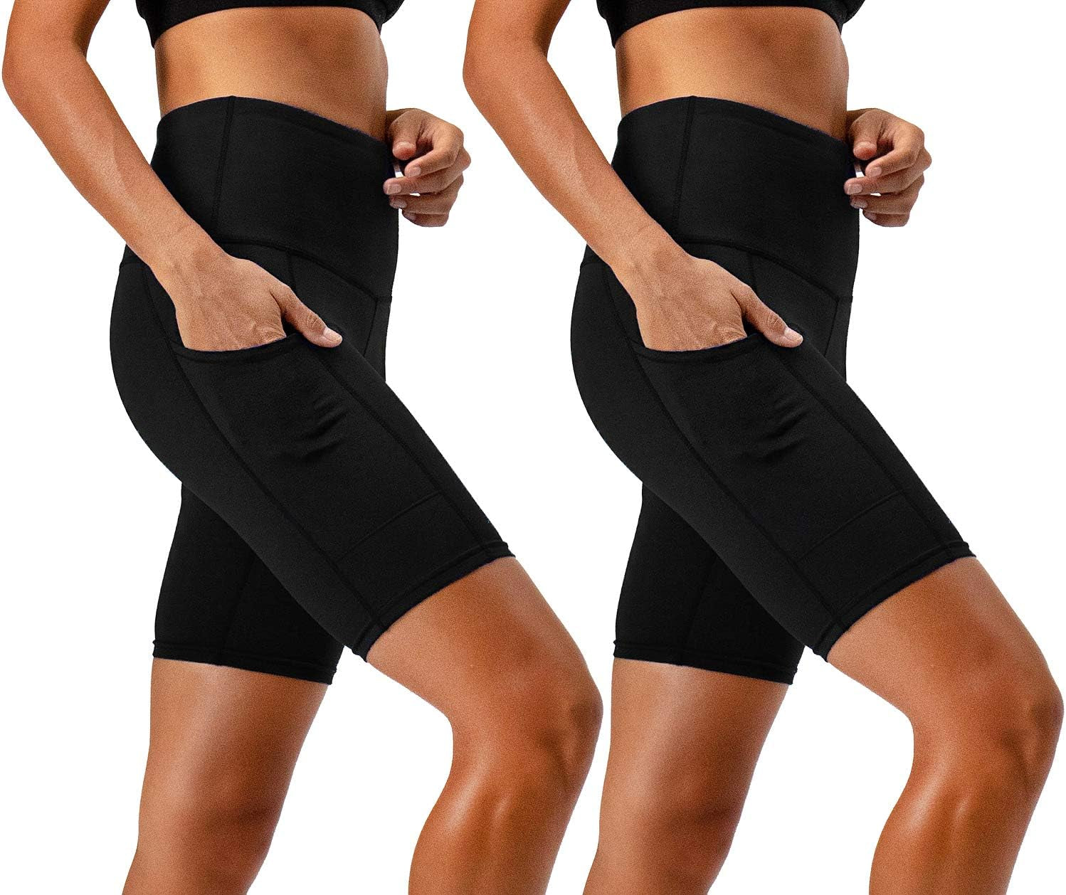 2 Pack Women'S 8" Biker Shorts High Waist Yoga Workout Gym Running Volleyball Spandex Shorts with Pockets